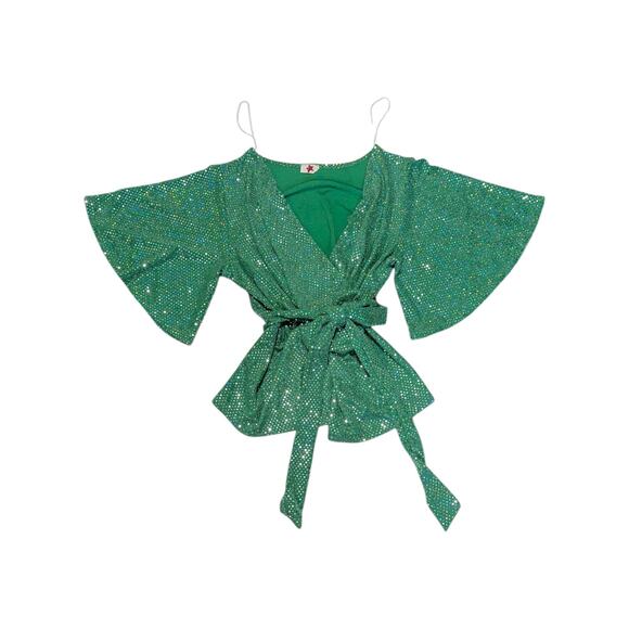 Vintage Y2K Green Disco Foil Polka Dot Wrap Blouse Top Bell Sleeve Flare Shiny - Picture 1 of 5